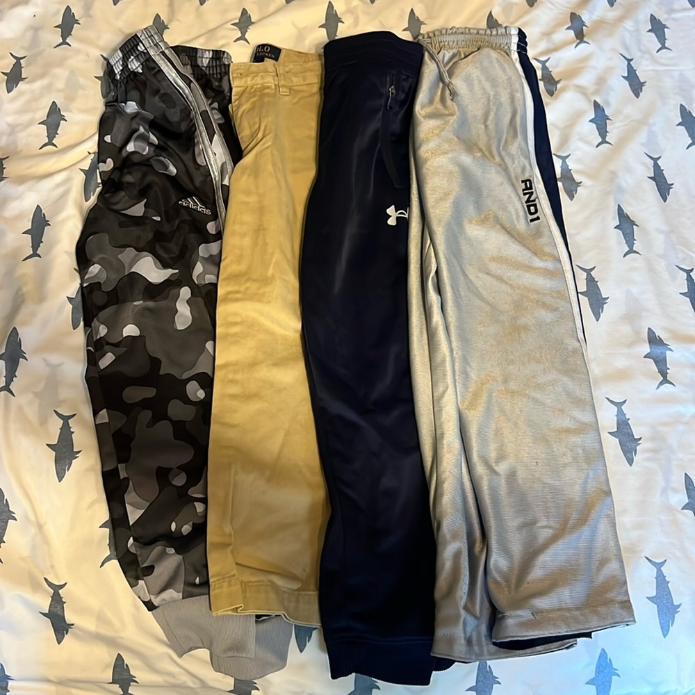 4 pairs of boys size 5 pants, POLO, adidas, under armour, and1 bundle and save